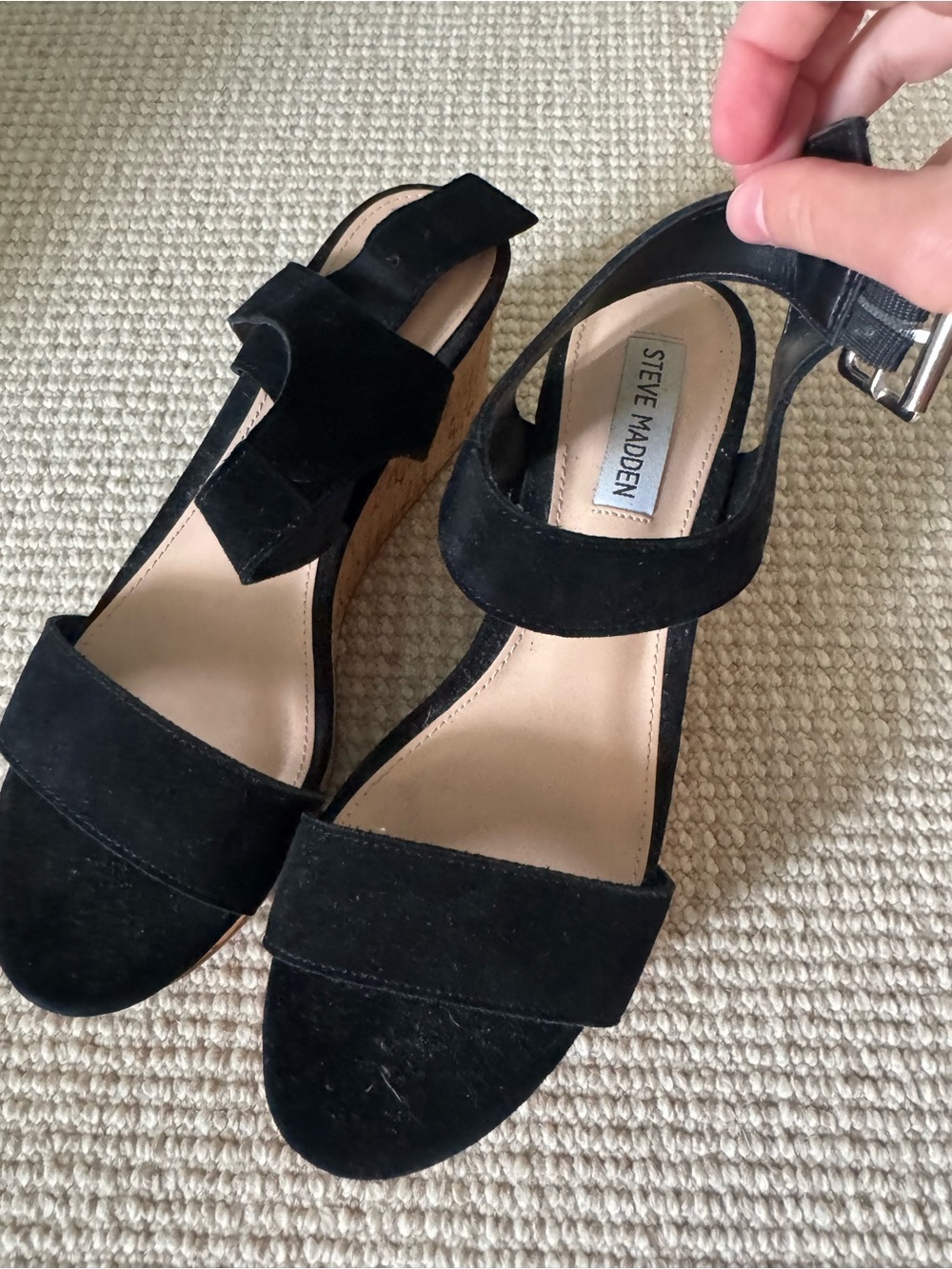 Steve Madden Black Suede Cork Wedge Sandals